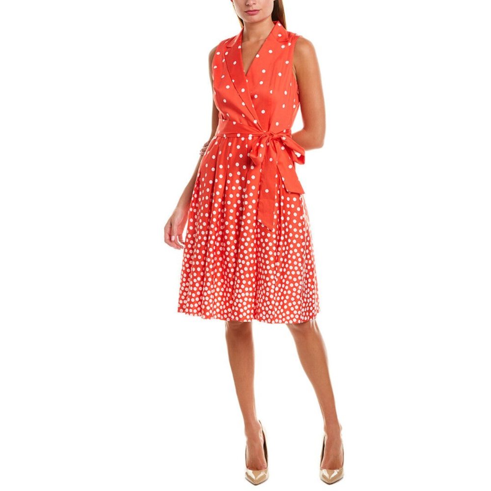 Ann Klein Cotton Red Notch Collar Wrap Dress Size 4